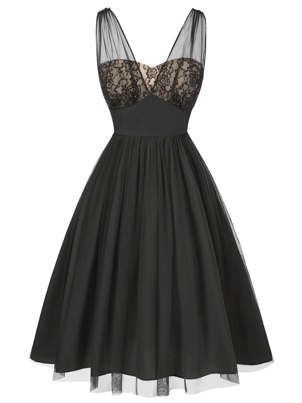 Black 1950s Lace Floral Mesh Swing Dress