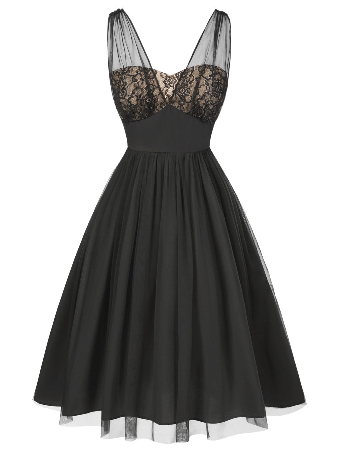 Black 1950s Lace Floral Mesh Swing Dress