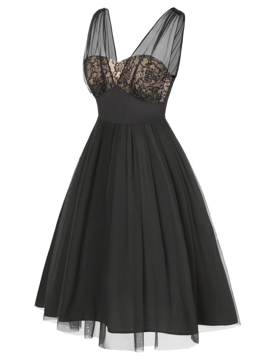 Black 1950s Lace Floral Mesh Swing Dress