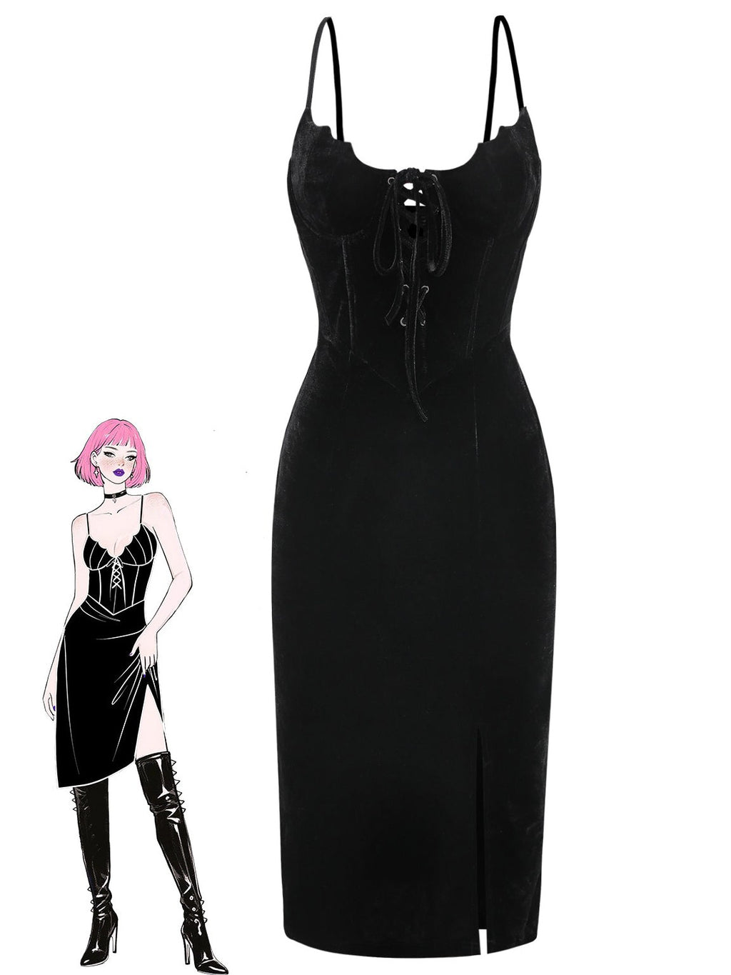 Black 1960s Bat Neckline Velvet Slit Dress