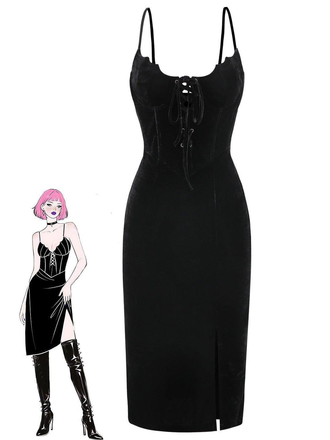 Black 1960s Bat Neckline Velvet Slit Dress
