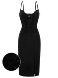 Black 1960s Bat Neckline Velvet Slit Dress