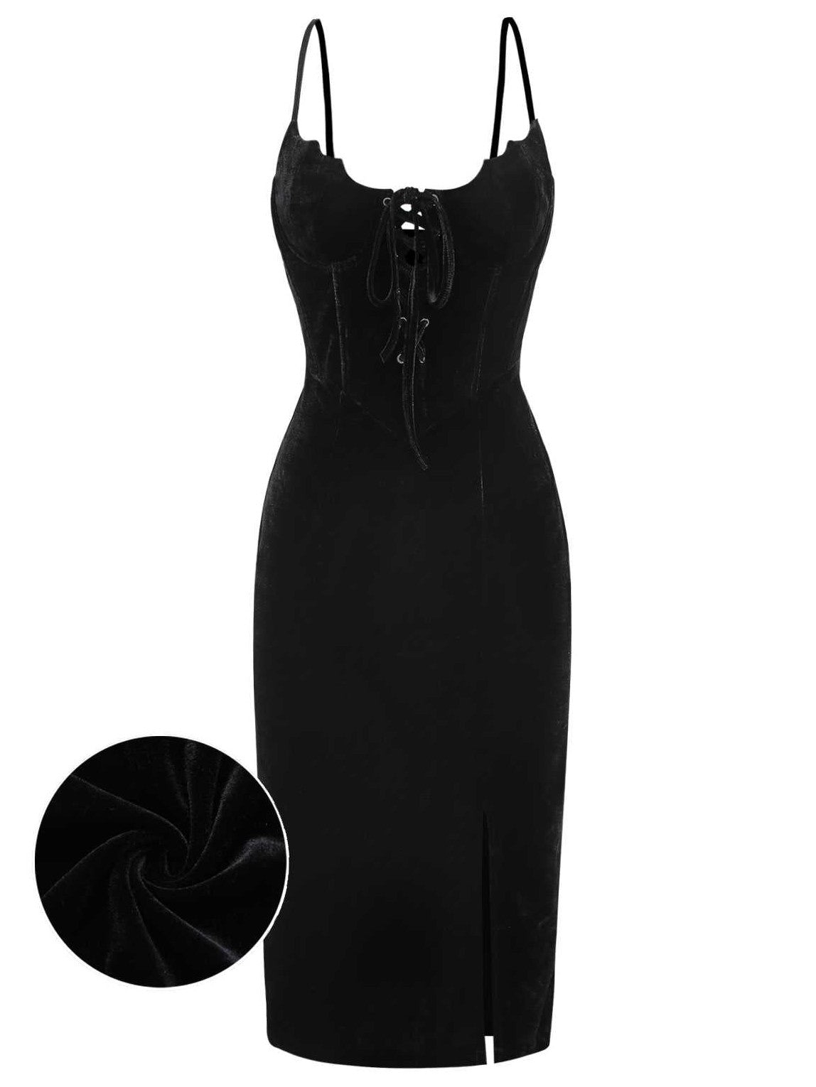 Black 1960s Bat Neckline Velvet Slit Dress