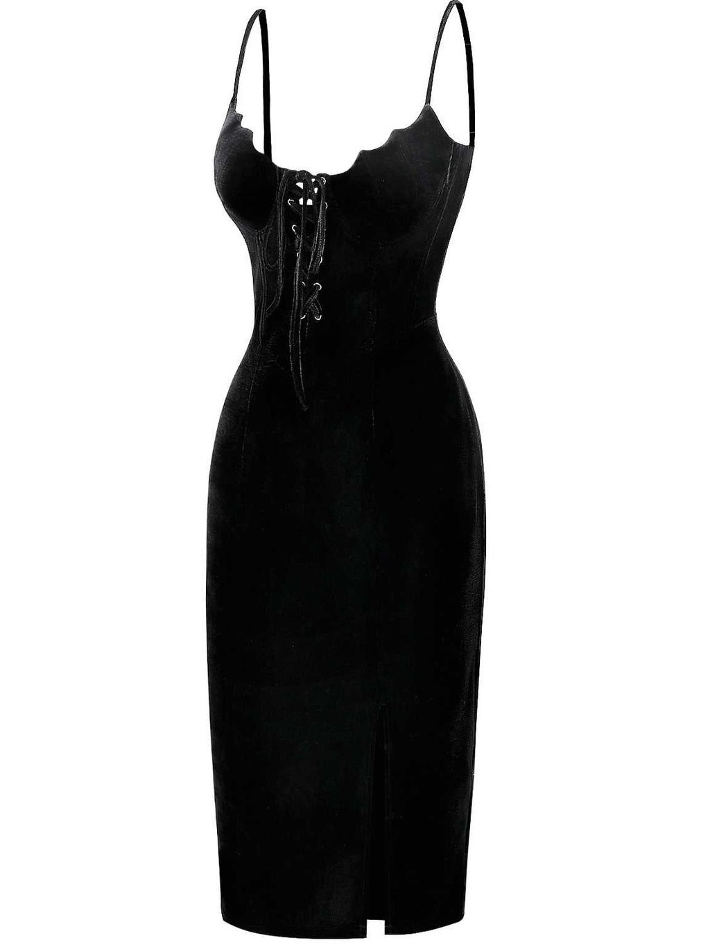Black 1960s Bat Neckline Velvet Slit Dress