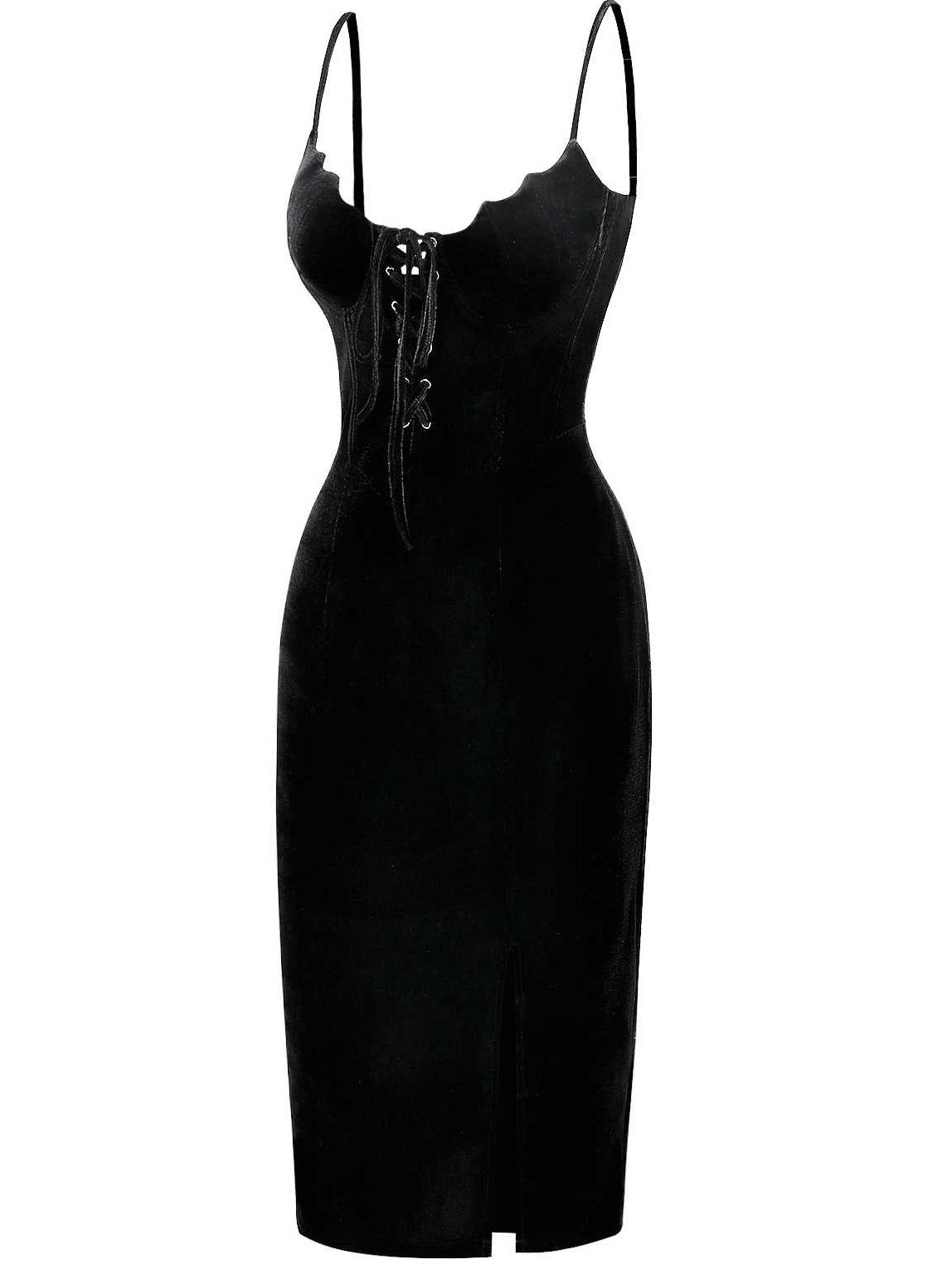 Black 1960s Bat Neckline Velvet Slit Dress