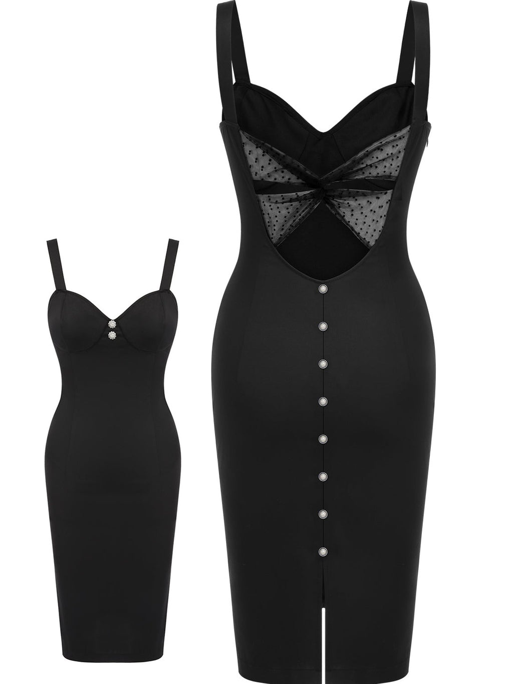 Black 1960s Solid Pearl Buttons Suspender Dress