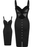 Black 1960s Solid Pearl Buttons Suspender Dress