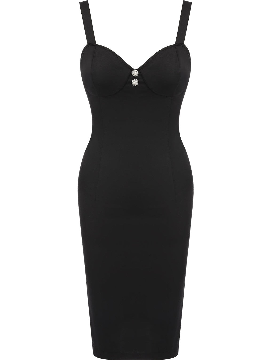 Black 1960s Solid Pearl Buttons Suspender Dress