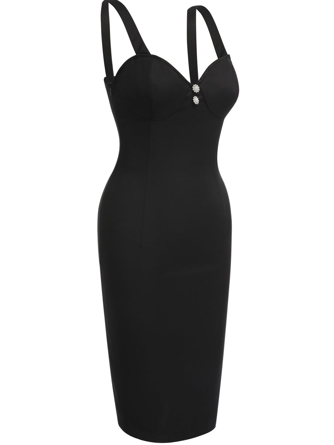 Black 1960s Solid Pearl Buttons Suspender Dress