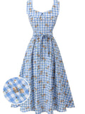 Blue 1940s Rose Gingham Lace Up Dress