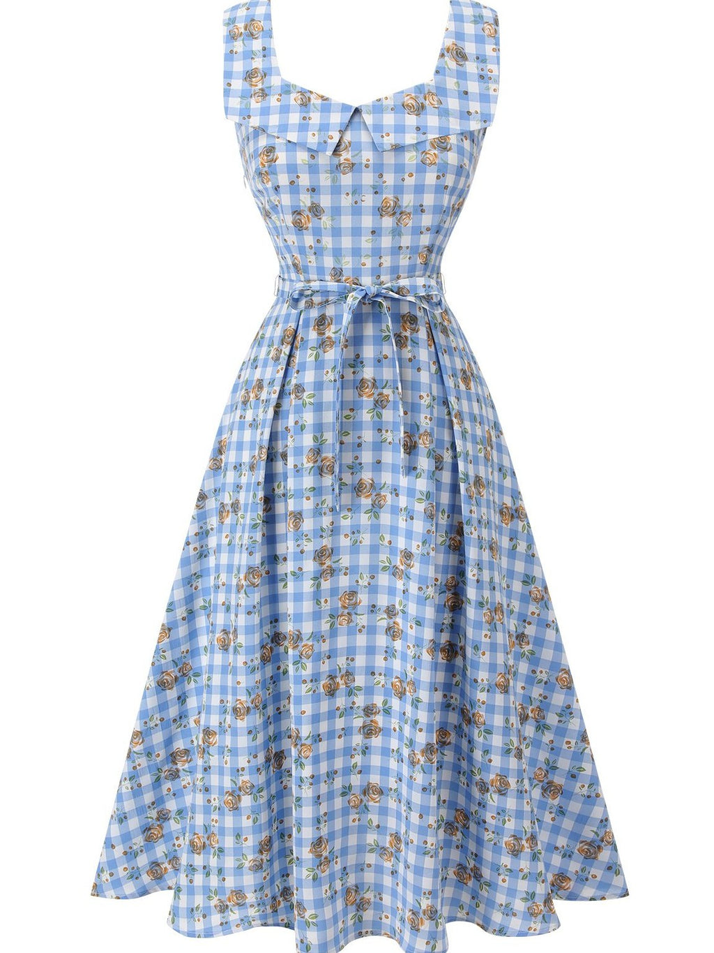 Blue 1940s Rose Gingham Lace Up Dress