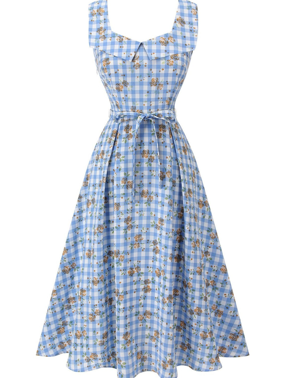 Blue 1940s Rose Gingham Lace Up Dress