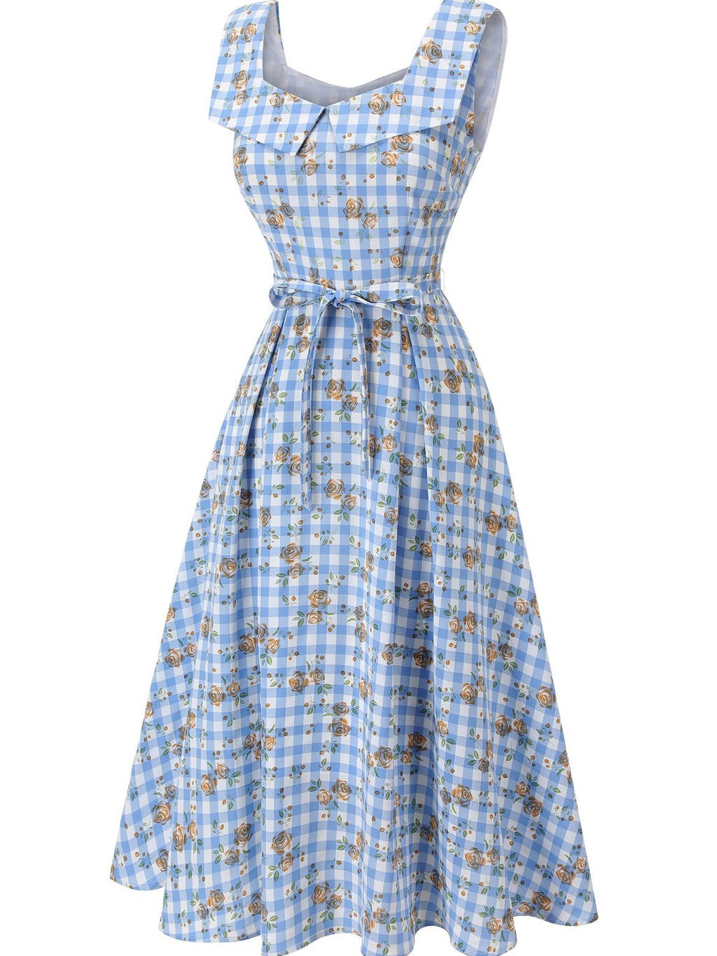 Blue 1940s Rose Gingham Lace Up Dress