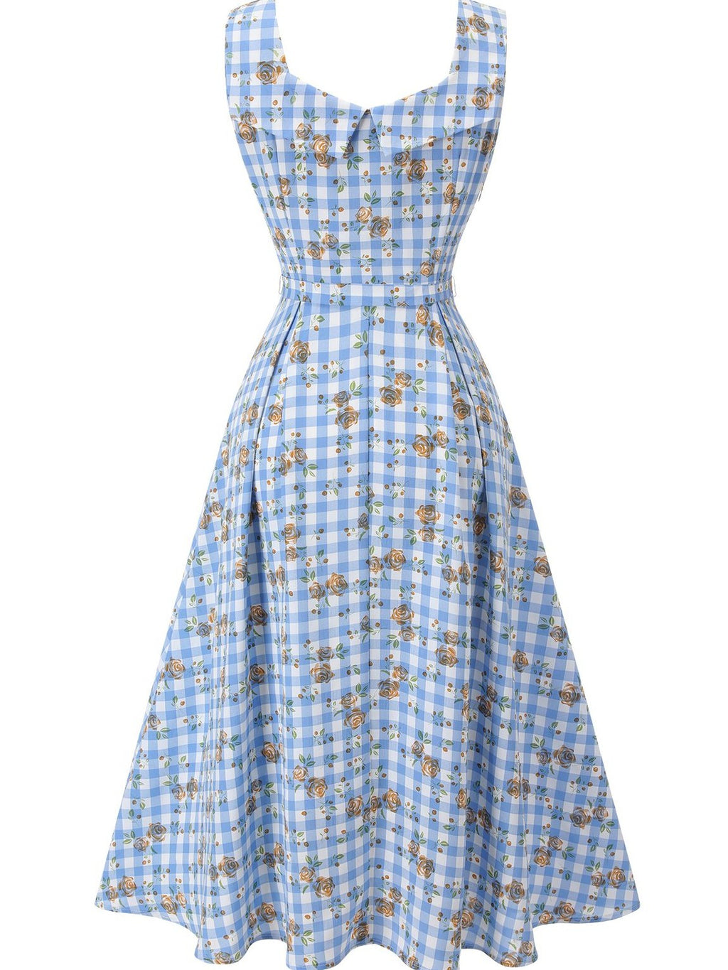 Blue 1940s Rose Gingham Lace Up Dress