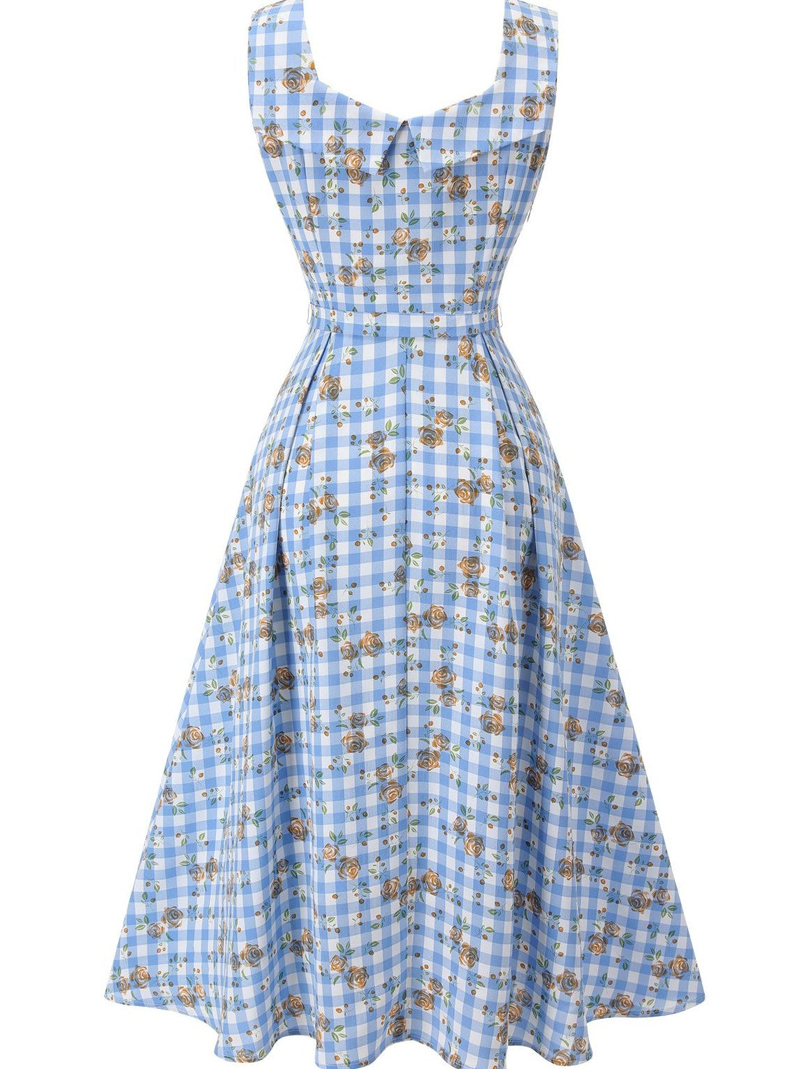 Blue 1940s Rose Gingham Lace Up Dress