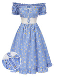 Tallulah reproduction dress in blue plaid with a daisy print