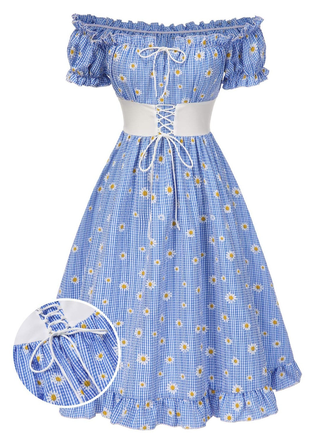 Blue 1950s Off-Shoulder Plaids Daisy Lace-Up Dress