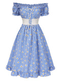 Blue 1950s Off-Shoulder Plaids Daisy Lace-Up Dress