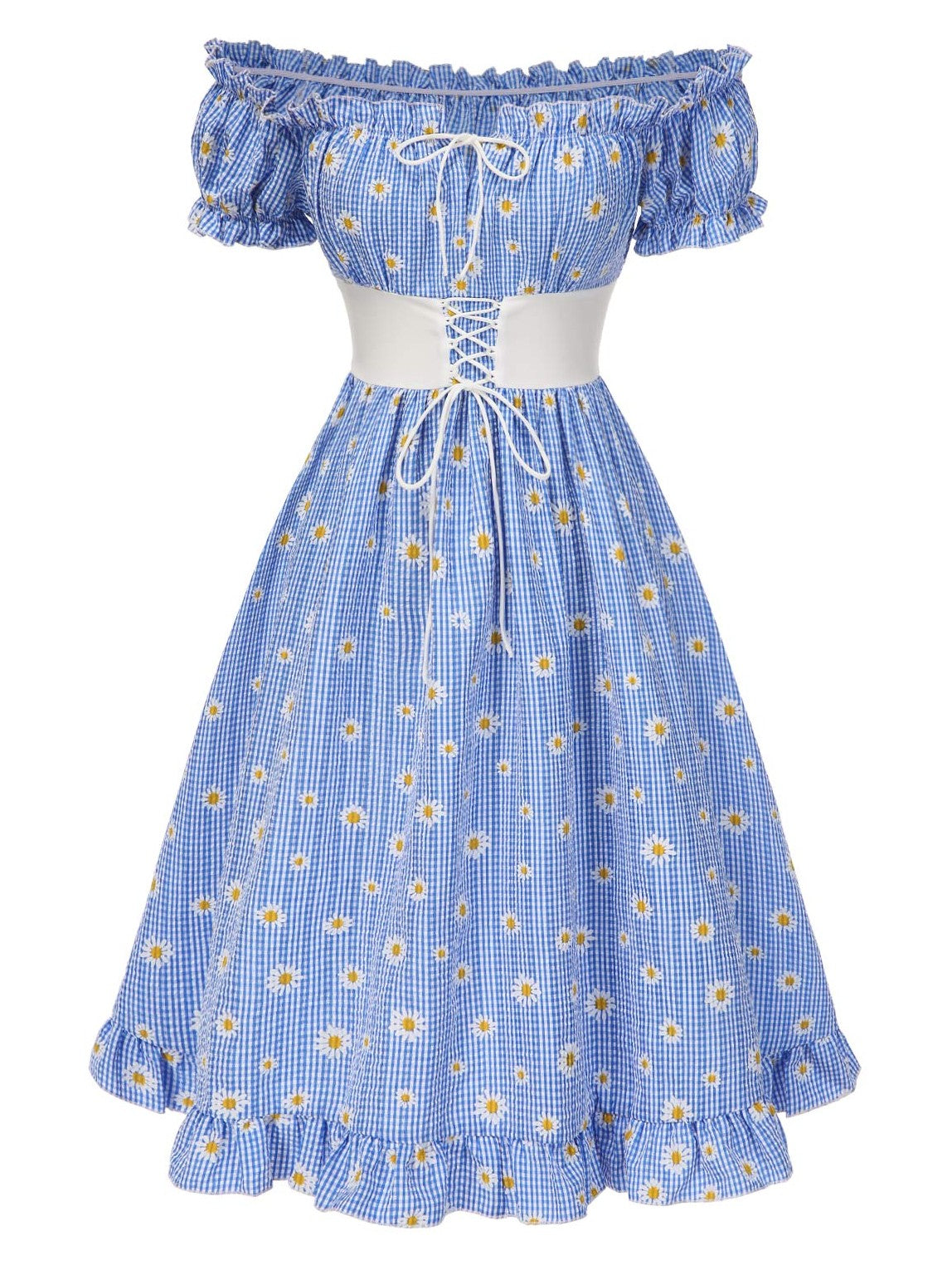 Blue 1950s Off-Shoulder Plaids Daisy Lace-Up Dress
