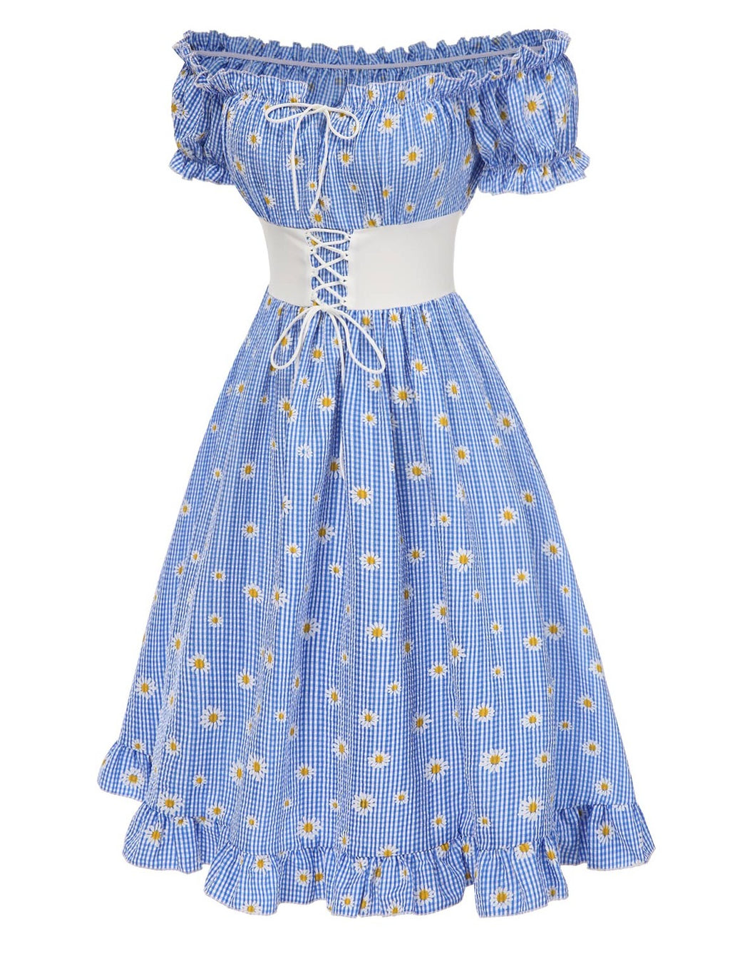 Blue 1950s Off-Shoulder Plaids Daisy Lace-Up Dress