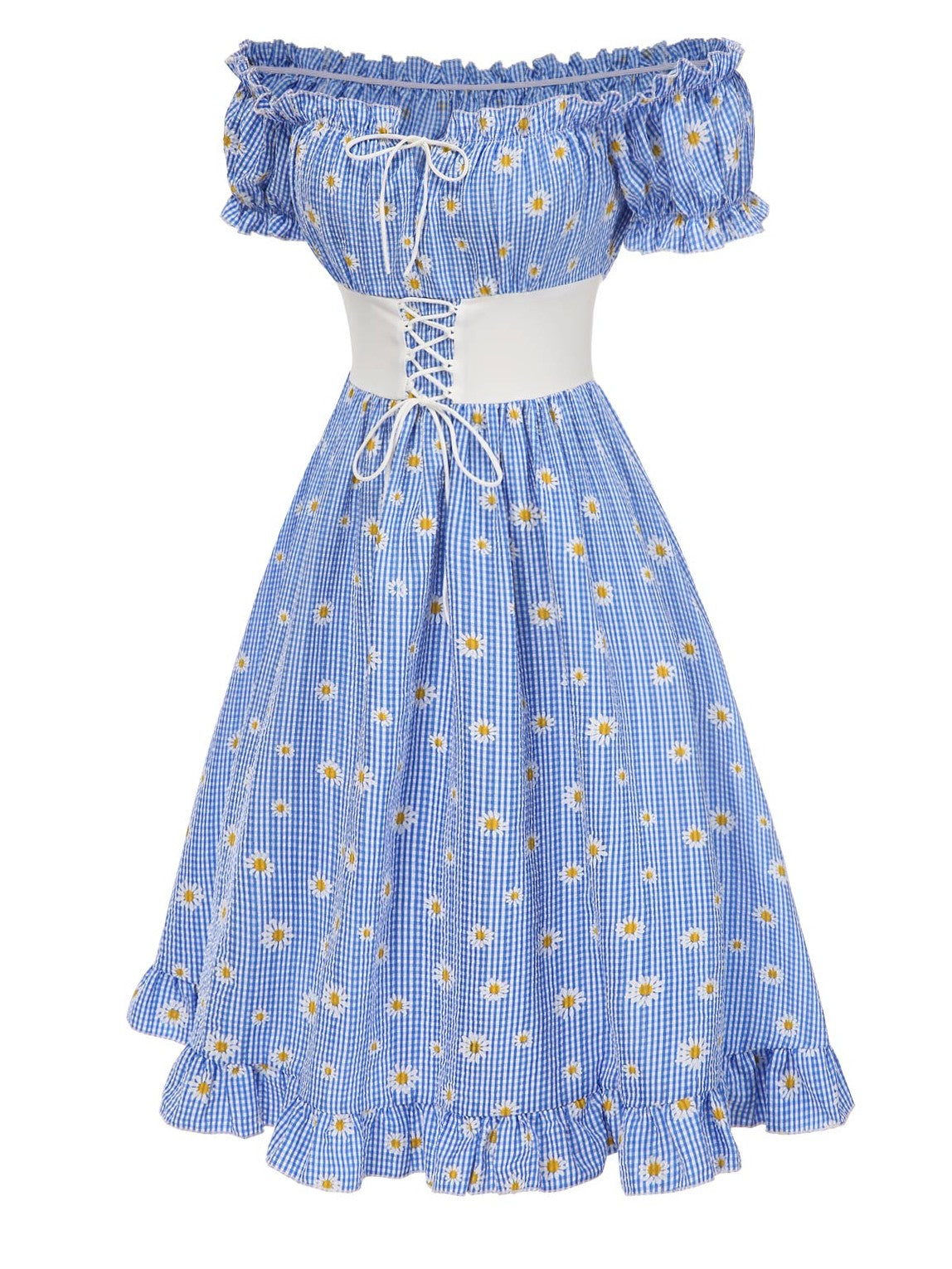 Blue 1950s Off-Shoulder Plaids Daisy Lace-Up Dress