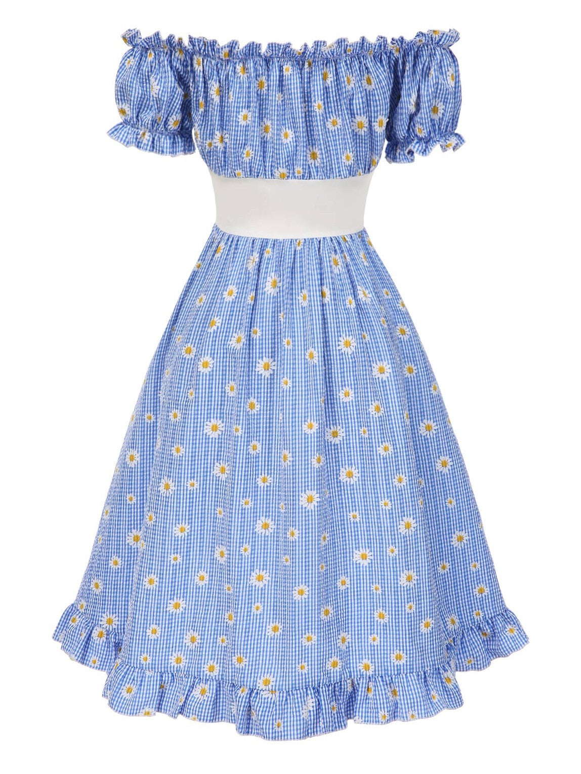 Blue 1950s Off-Shoulder Plaids Daisy Lace-Up Dress