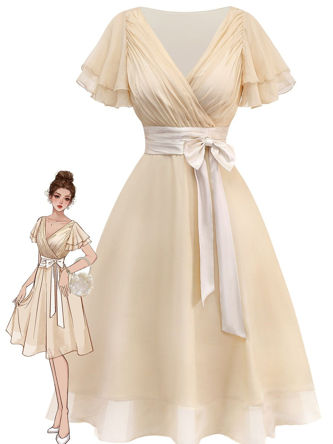 Champagne 1950s Satin Belt Tulle Cocktail Dress