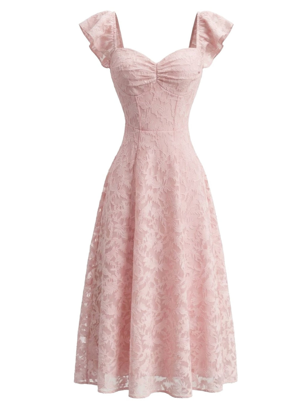 Pink 1950s Sweetheart Jacquard Lace Ruffle Sleeve Dress