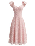 Pink 1950s Sweetheart Jacquard Lace Ruffle Sleeve Dress
