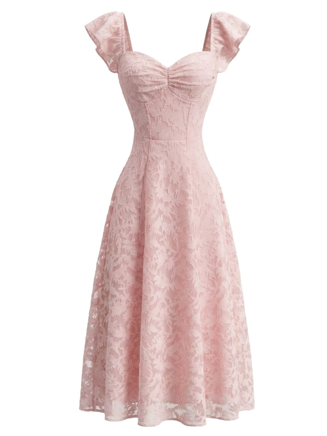 Pink 1950s Sweetheart Jacquard Lace Ruffle Sleeve Dress