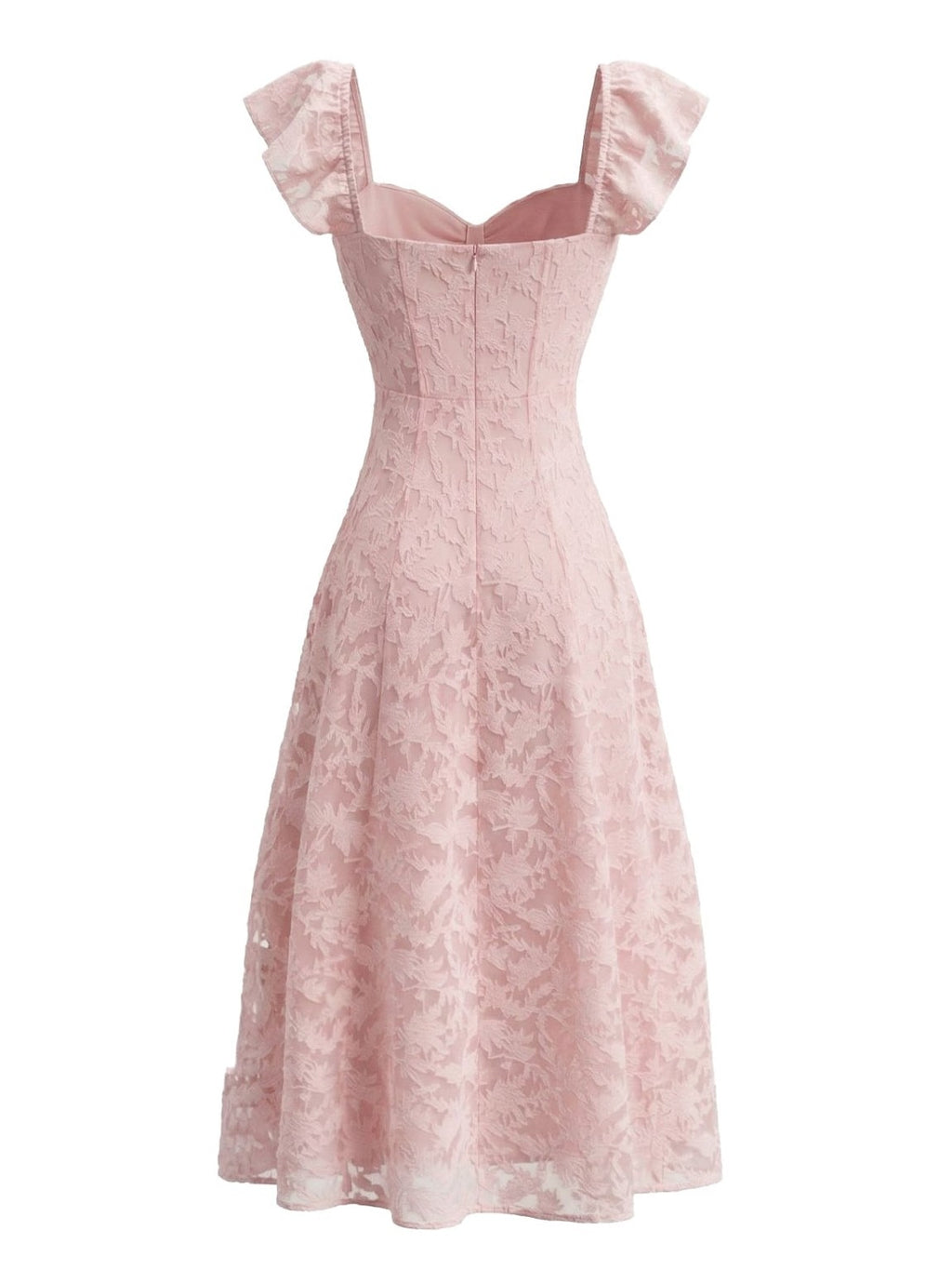 Pink 1950s Sweetheart Jacquard Lace Ruffle Sleeve Dress