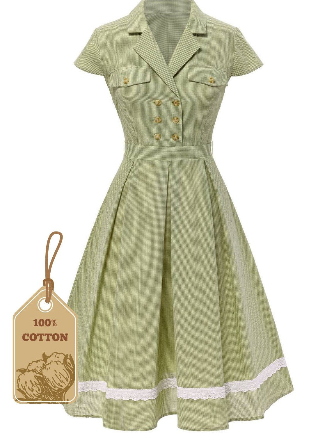 Green 1940s Lace Plaid Cotton Patchwork Dress