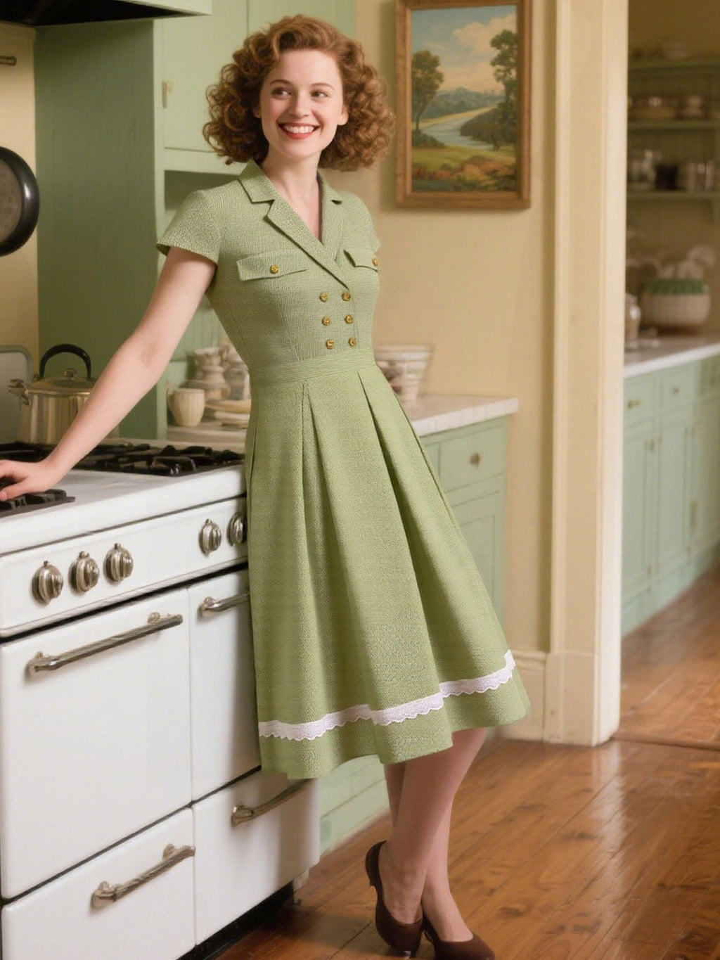 Green 1940s Lace Plaid Cotton Patchwork Dress