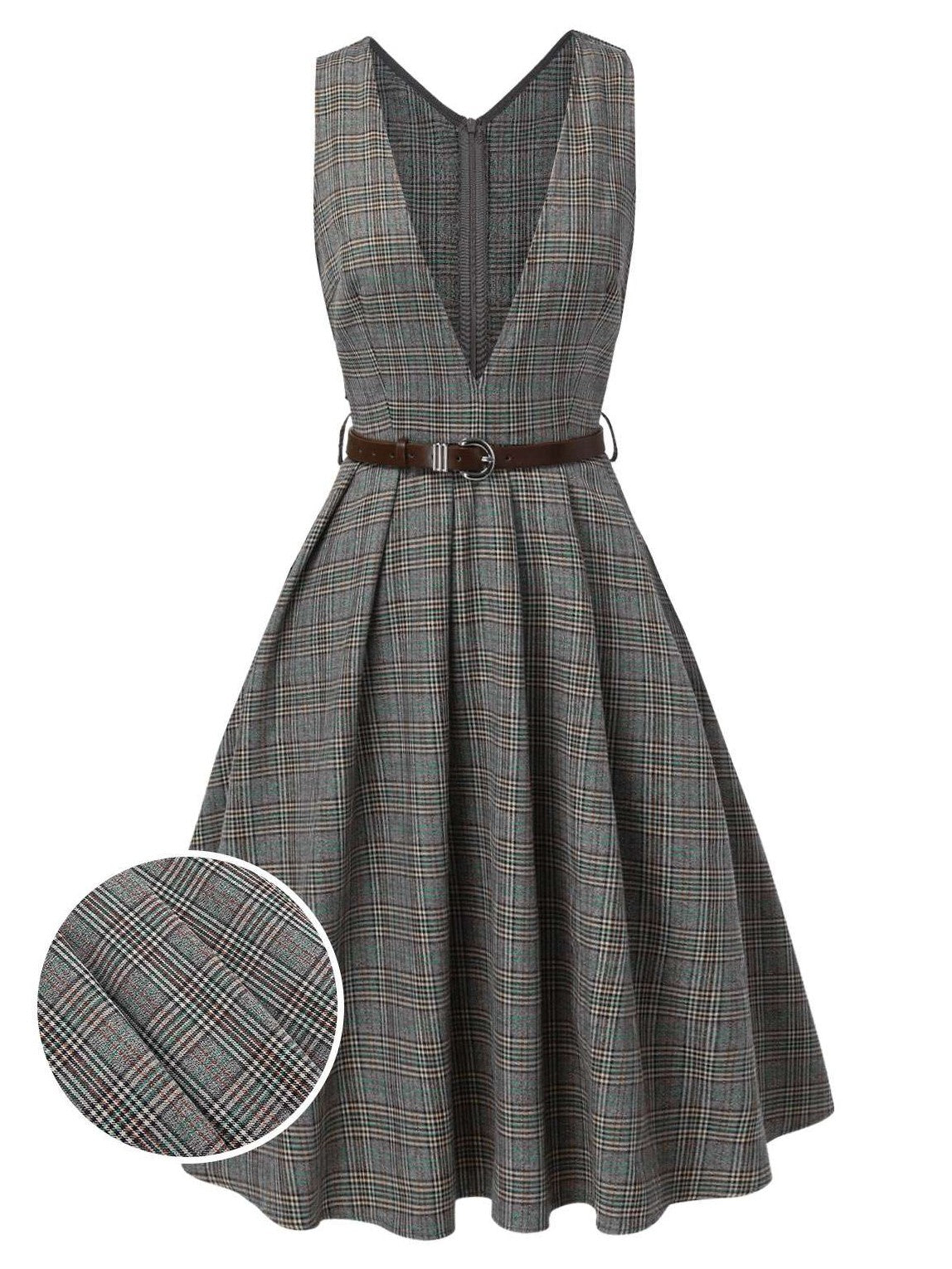 2PCS Grey 1940s V-Neck Plaid Dress & Satin Blouse