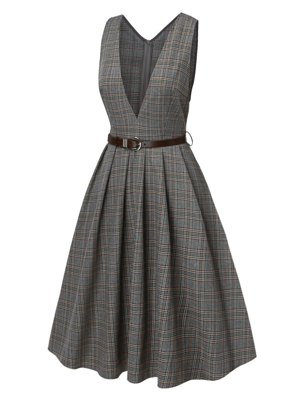 2PCS Grey 1940s V-Neck Plaid Dress & Satin Blouse