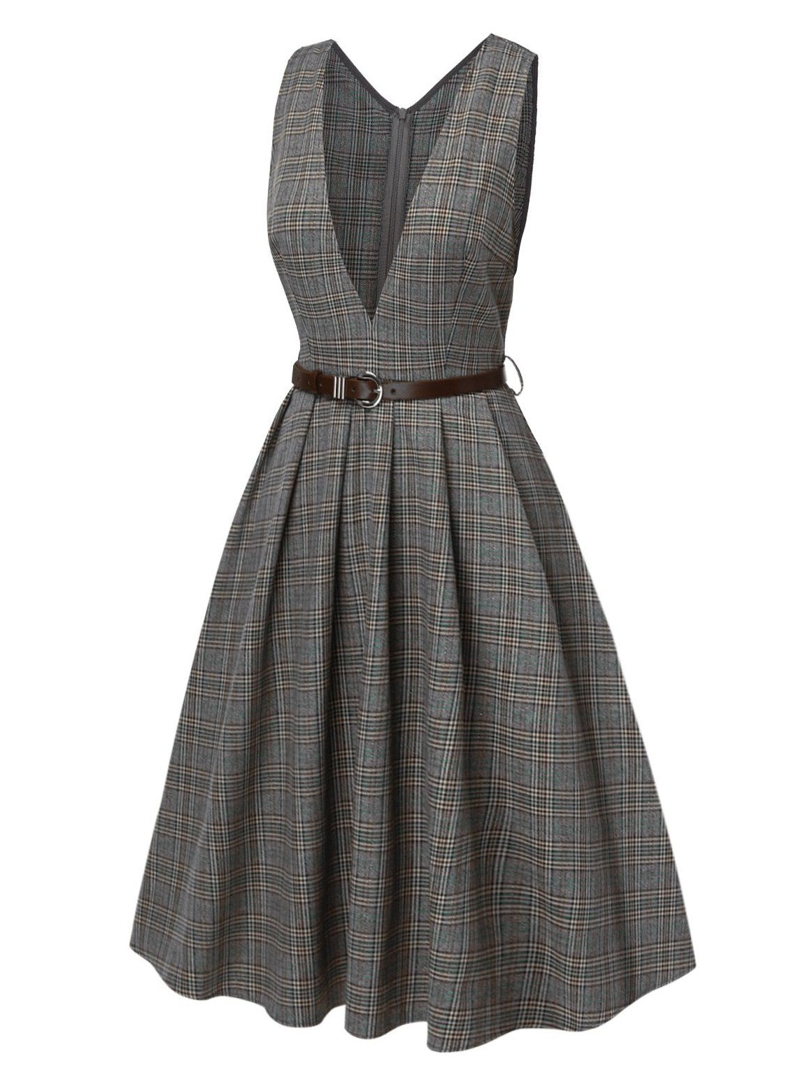 2PCS Grey 1940s V-Neck Plaid Dress & Satin Blouse