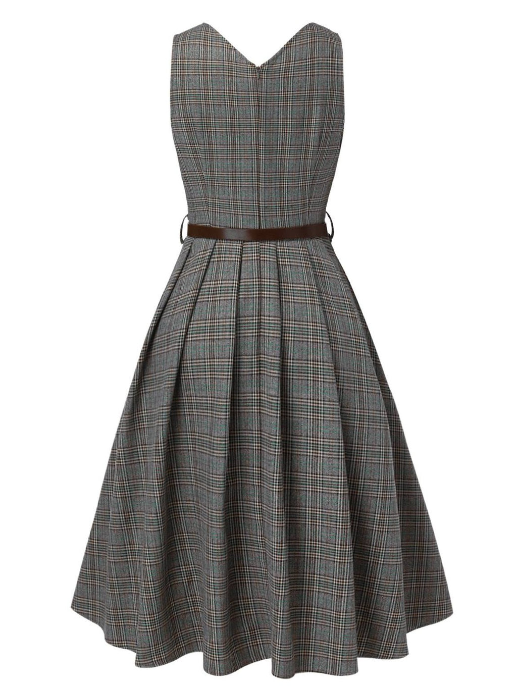 2PCS Grey 1940s V-Neck Plaid Dress & Satin Blouse