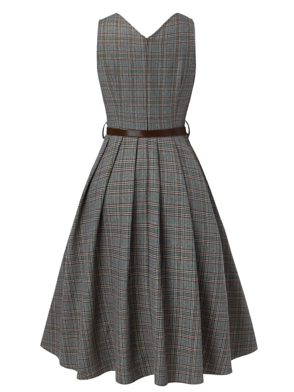 2PCS Grey 1940s V-Neck Plaid Dress & Satin Blouse