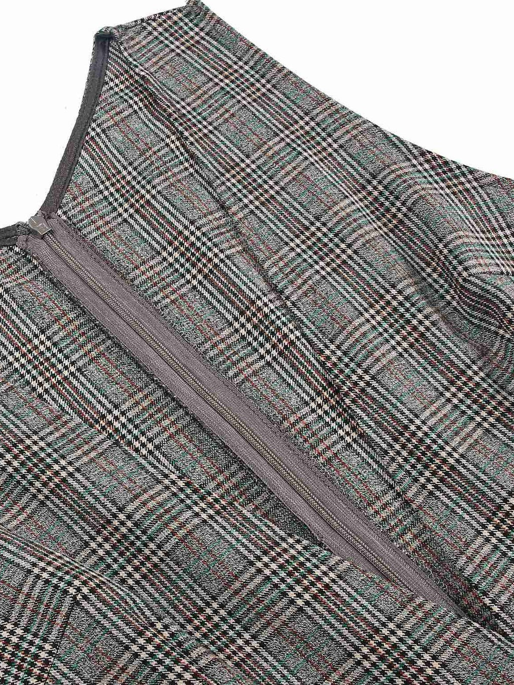 2PCS Grey 1940s V-Neck Plaid Dress & Satin Blouse