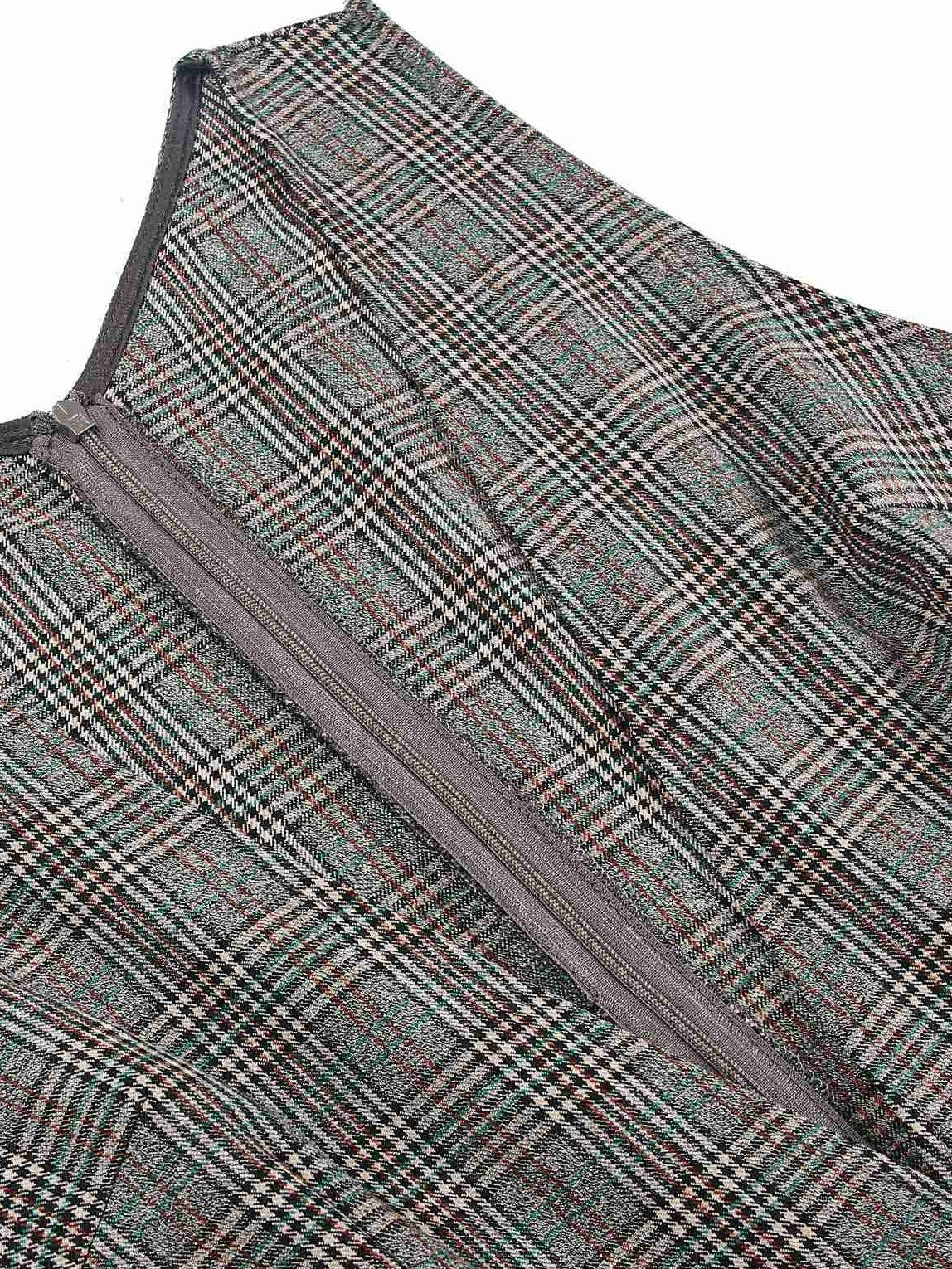 2PCS Grey 1940s V-Neck Plaid Dress & Satin Blouse