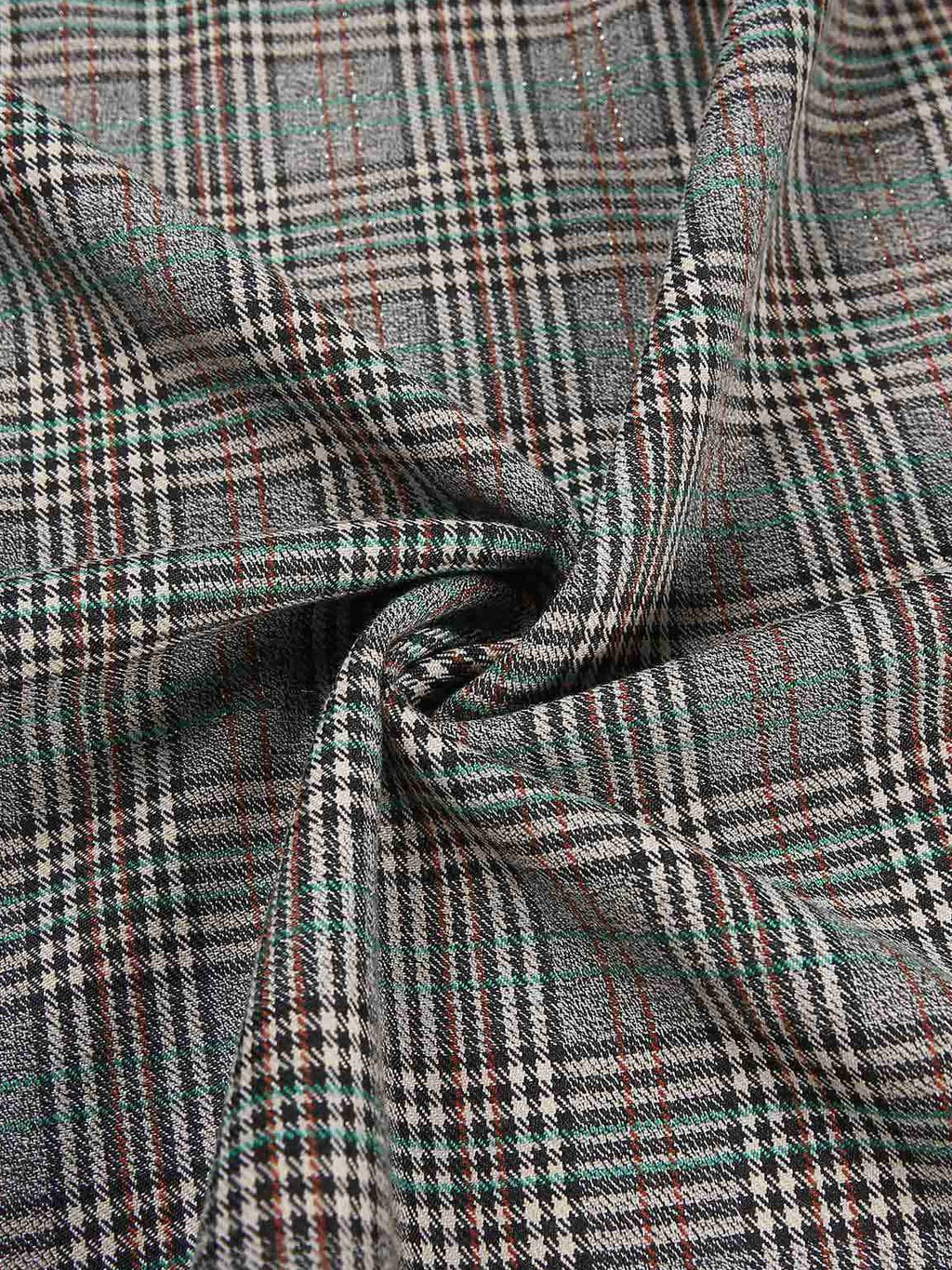 2PCS Grey 1940s V-Neck Plaid Dress & Satin Blouse