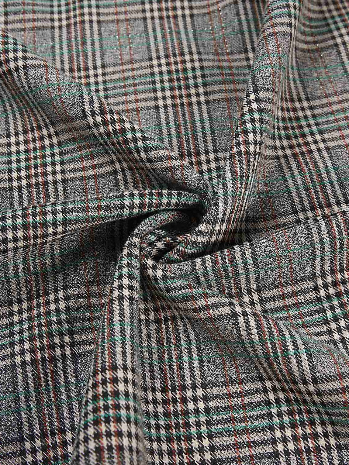 2PCS Grey 1940s V-Neck Plaid Dress & Satin Blouse