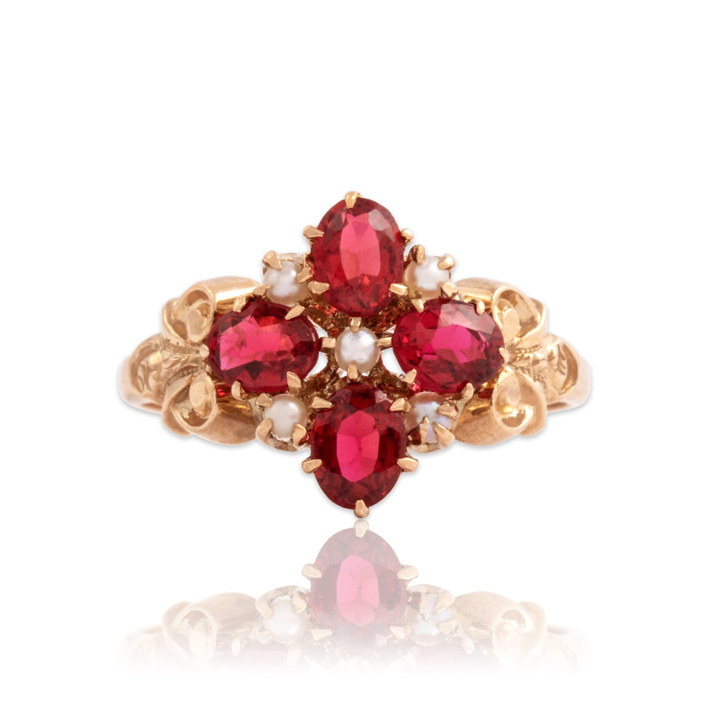 Antique-Style Victorian Rose Gold Tone Pink Simulated Garnet Glass Doublet Faux Pearl Ring 4.50