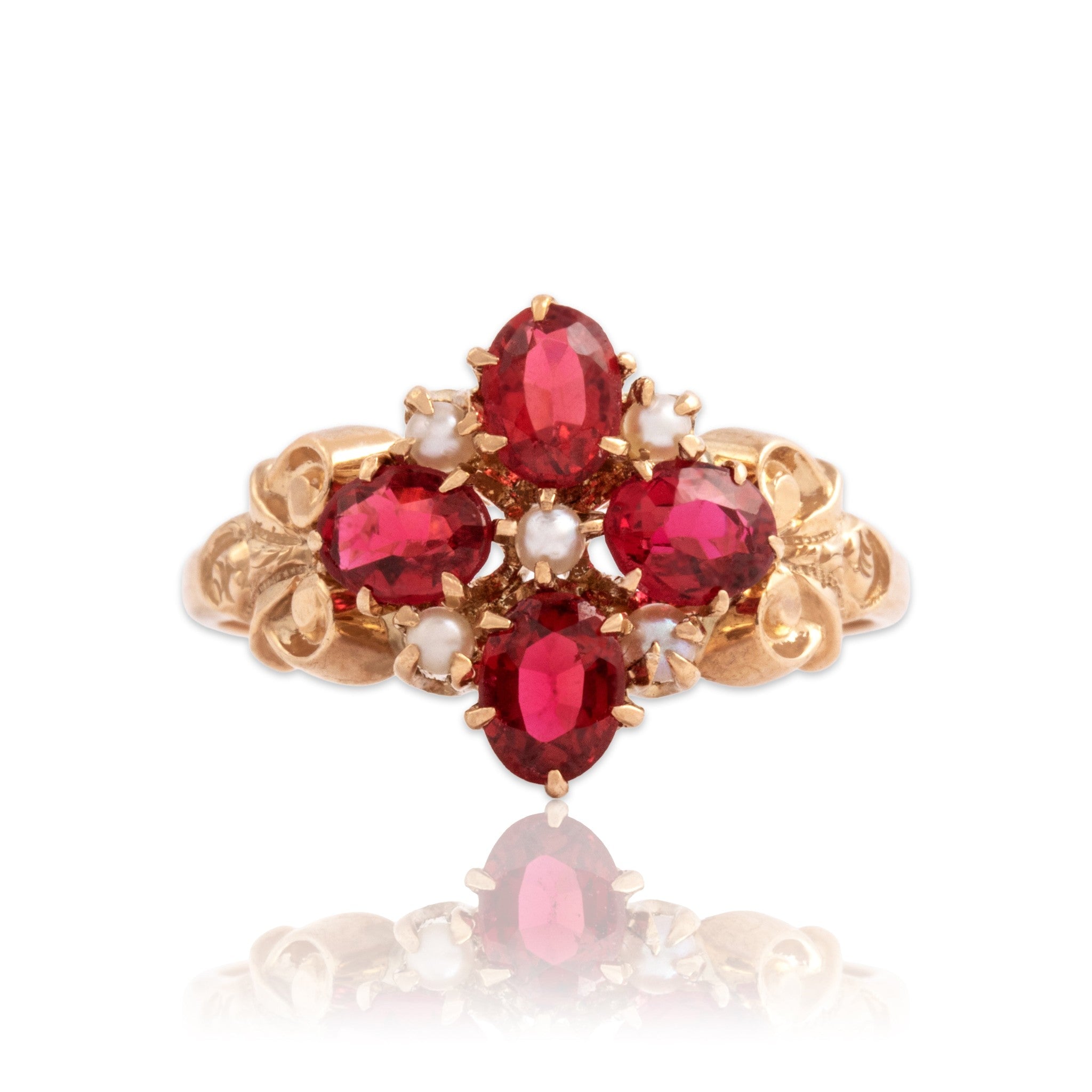Antique-Style Victorian Rose Gold Tone Pink Simulated Garnet Glass Doublet Faux Pearl Ring 4.50