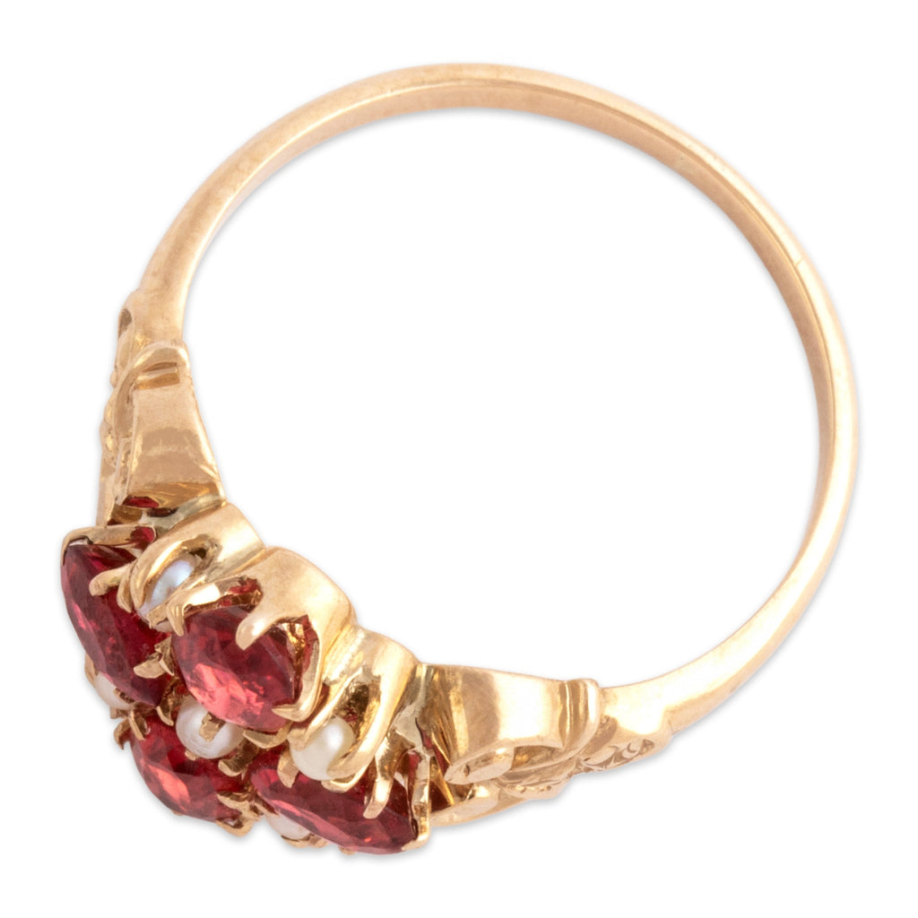 Antique-Style Victorian Rose Gold Tone Pink Simulated Garnet Glass Doublet Faux Pearl Ring 4.50