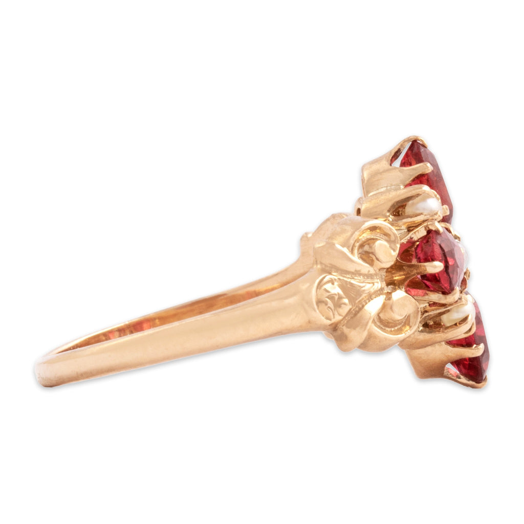 Antique-Style Victorian Rose Gold Tone Pink Simulated Garnet Glass Doublet Faux Pearl Ring 4.50