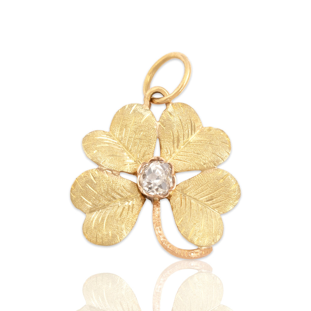 Antique-Style Victorian Two-Tone Gold Old Mine Simulated Diamond Clover Charm / Pendant