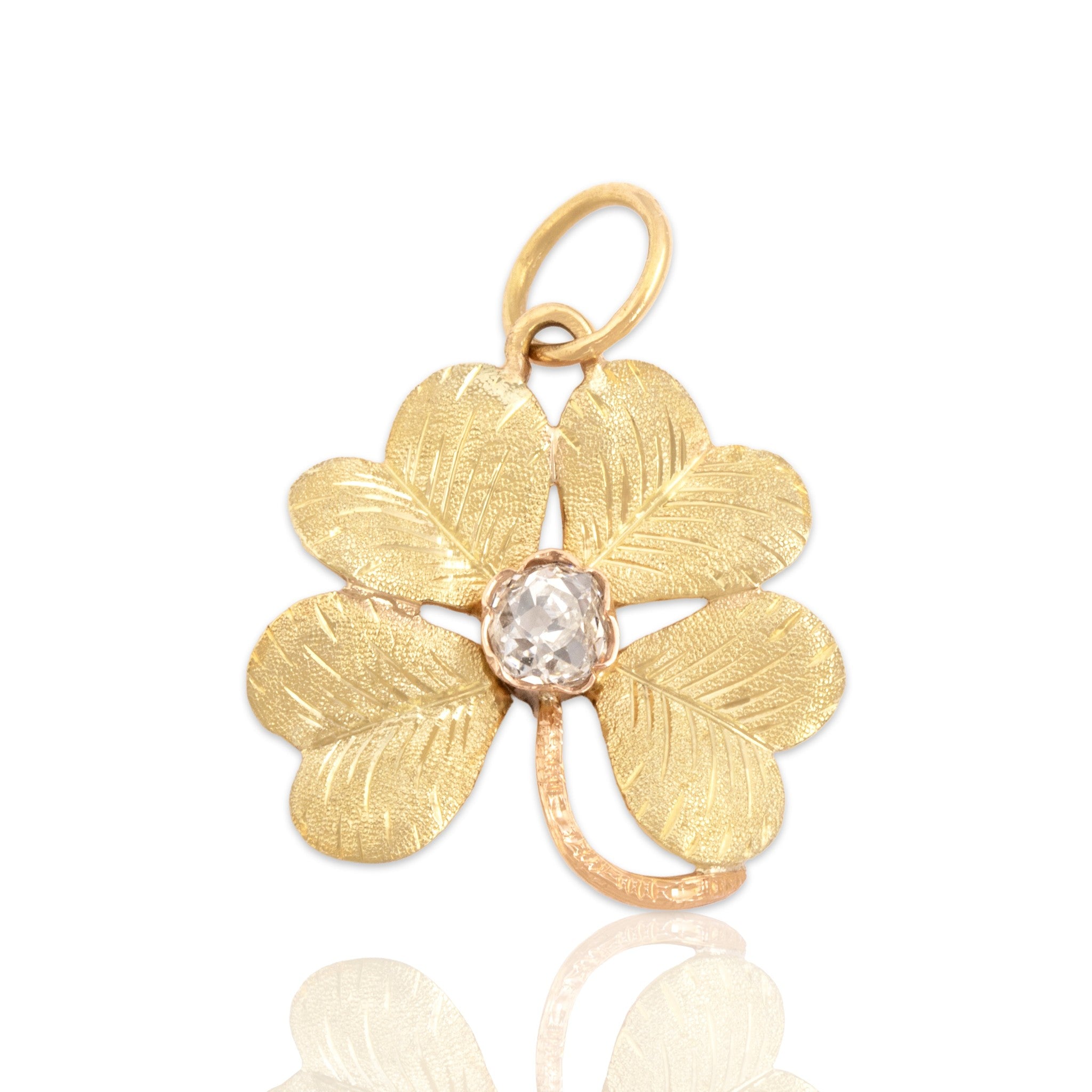 Antique-Style Victorian Two-Tone Gold Old Mine Simulated Diamond Clover Charm / Pendant