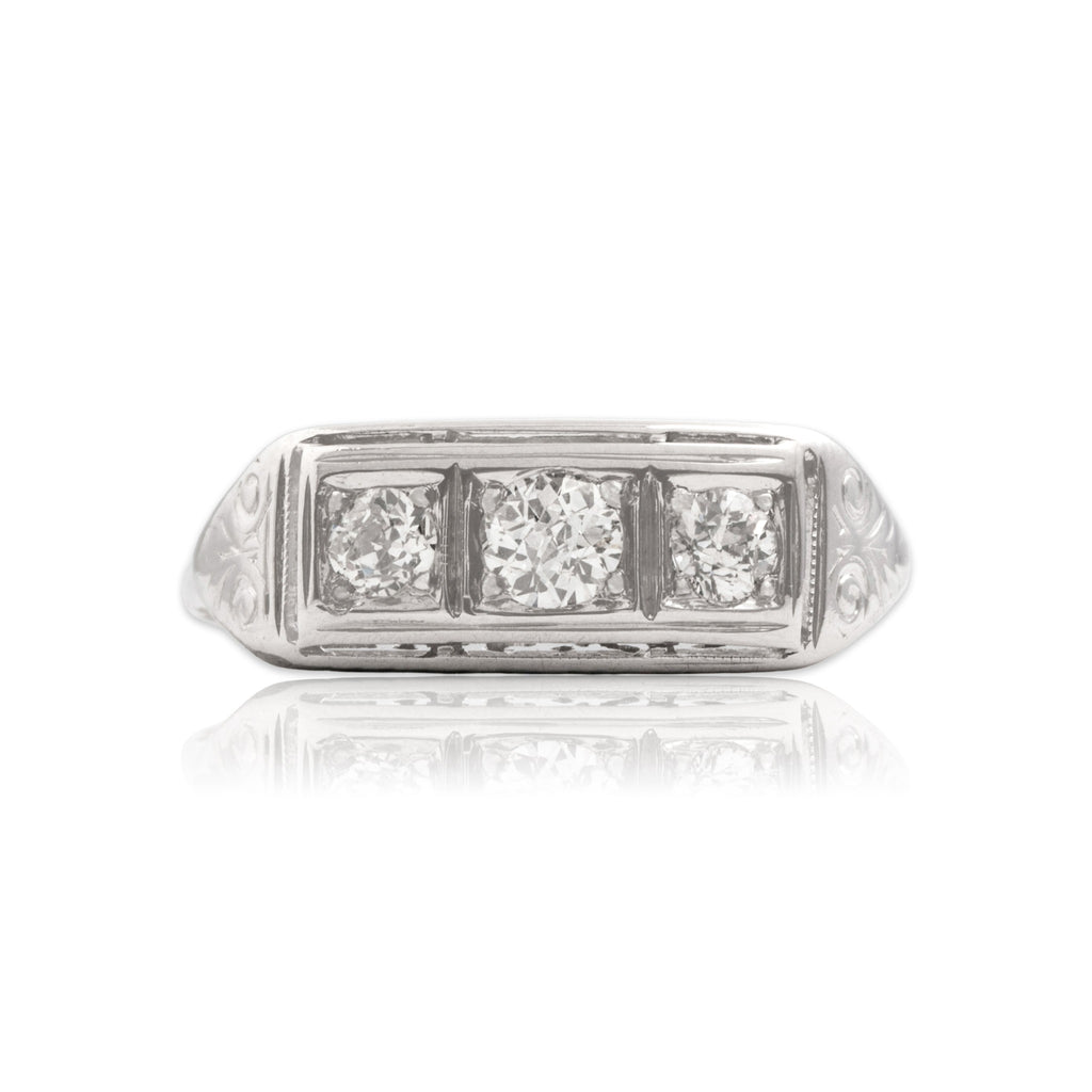 Antique-Style Art Deco White Gold Tone Old European Old Mine Cut Simulated Diamond Bar Ring 6.00