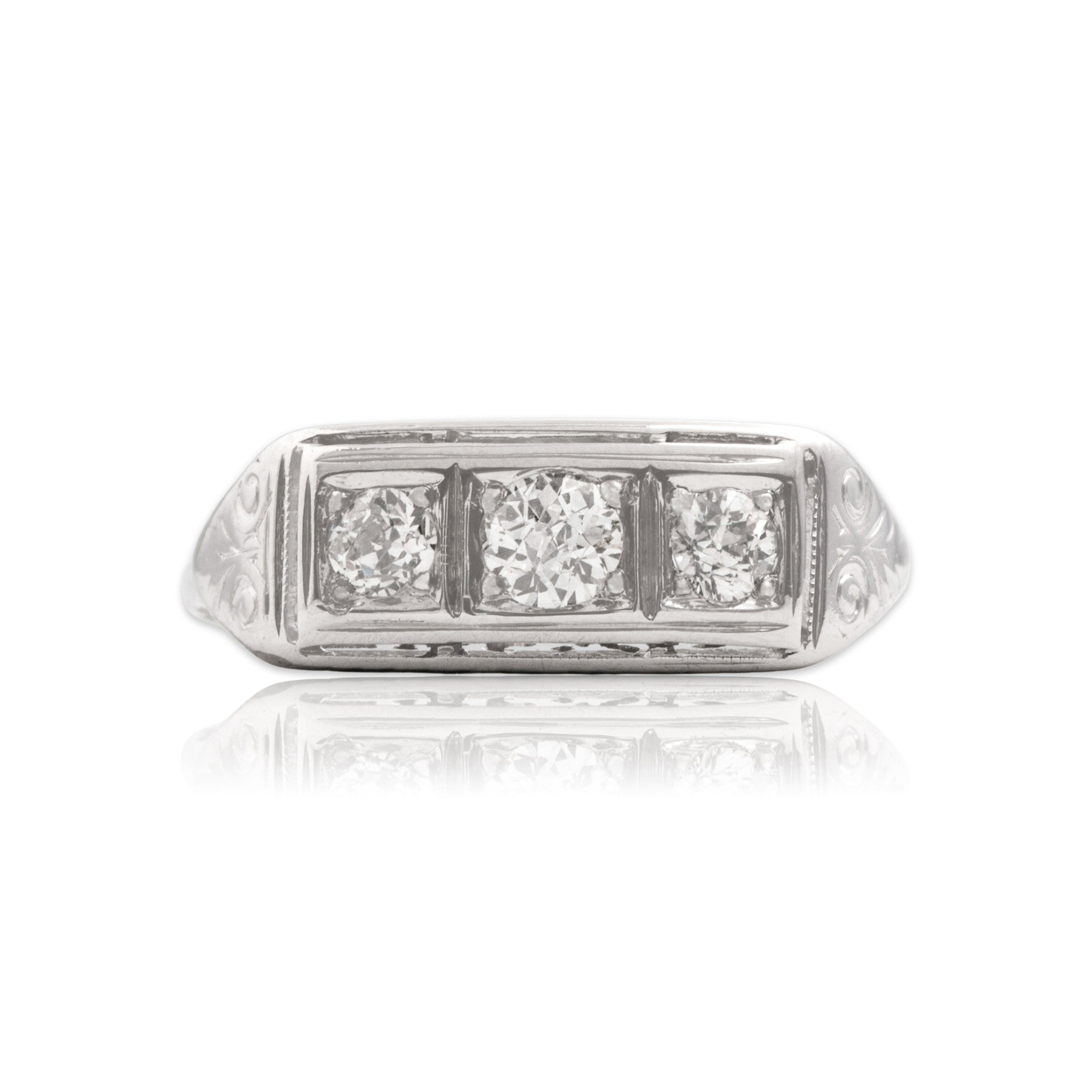 Antique-Style Art Deco White Gold Tone Old European Old Mine Cut Simulated Diamond Bar Ring 6.00